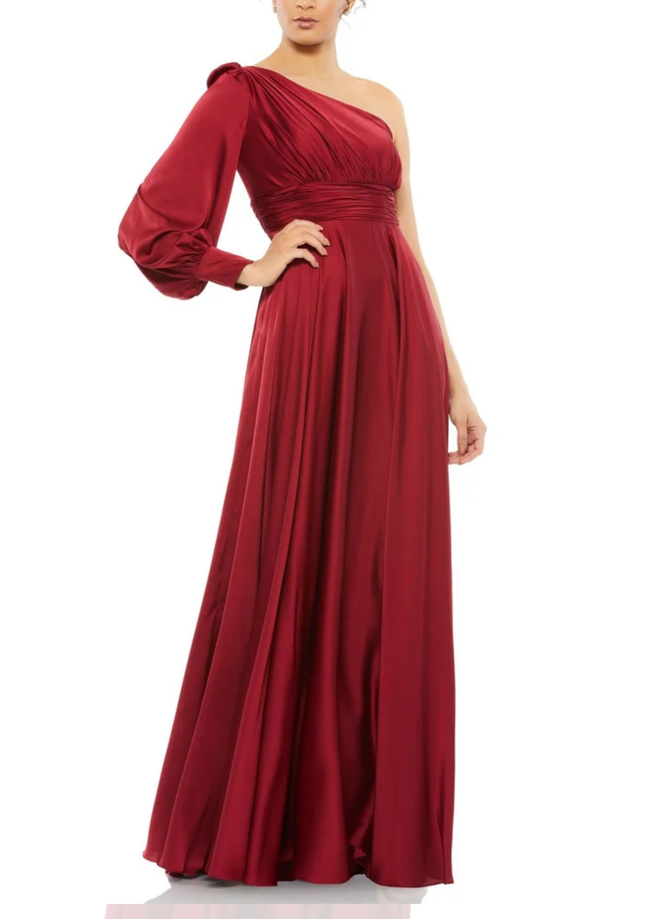 Ieena for Mac Duggal 67866 Ruched Waist One Sleeve Dress In Burgandy Size 4 $398